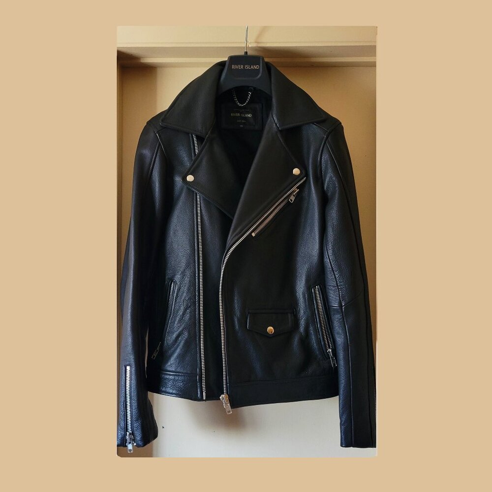 Black Leather Biker Jacket 80s Style - Size XS